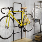 Idea of modern interior room design with shelf and bike.