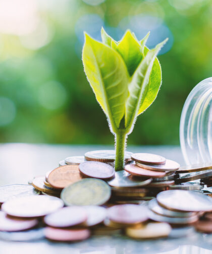 Plant growing from coins outside the glass jar on blurred green natural background for business and financial growth concept