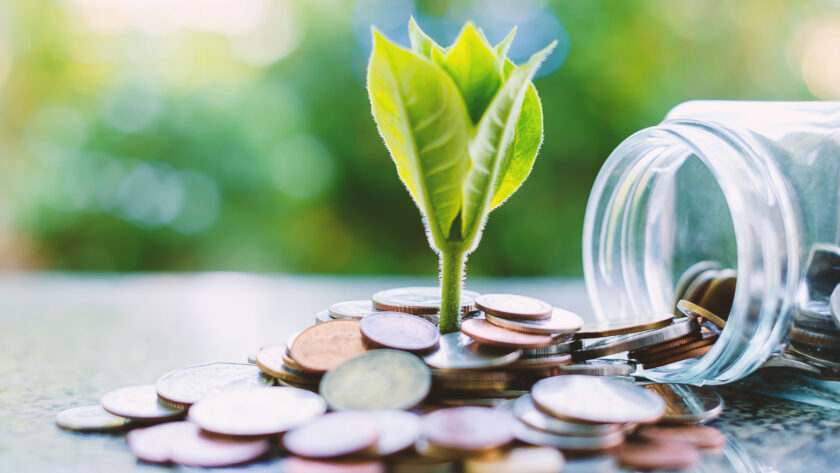 Plant growing from coins outside the glass jar on blurred green natural background for business and financial growth concept